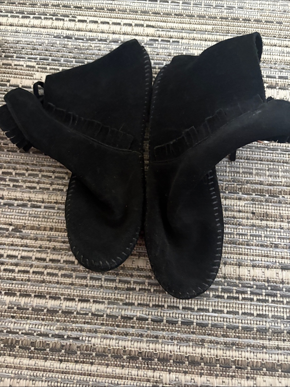 Minnetonka Black Suede Fringe Moccasin Slip-Ons